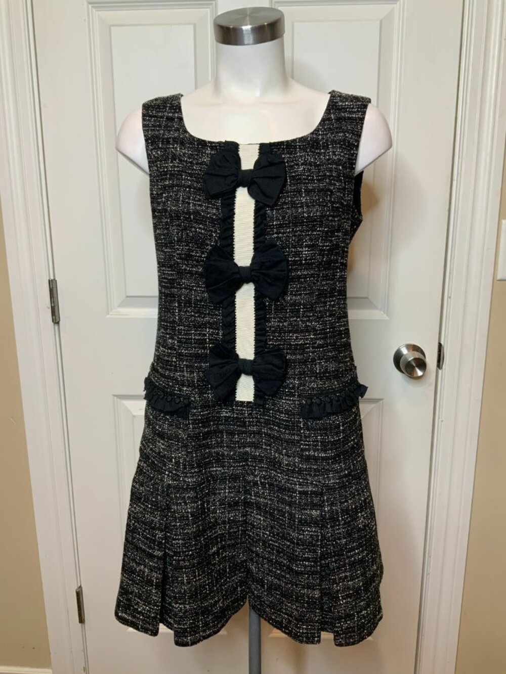 Nanette Lepore Black Cream Tweed Bow Dorothy Drop Waist Dress, Size 6, NWT $398